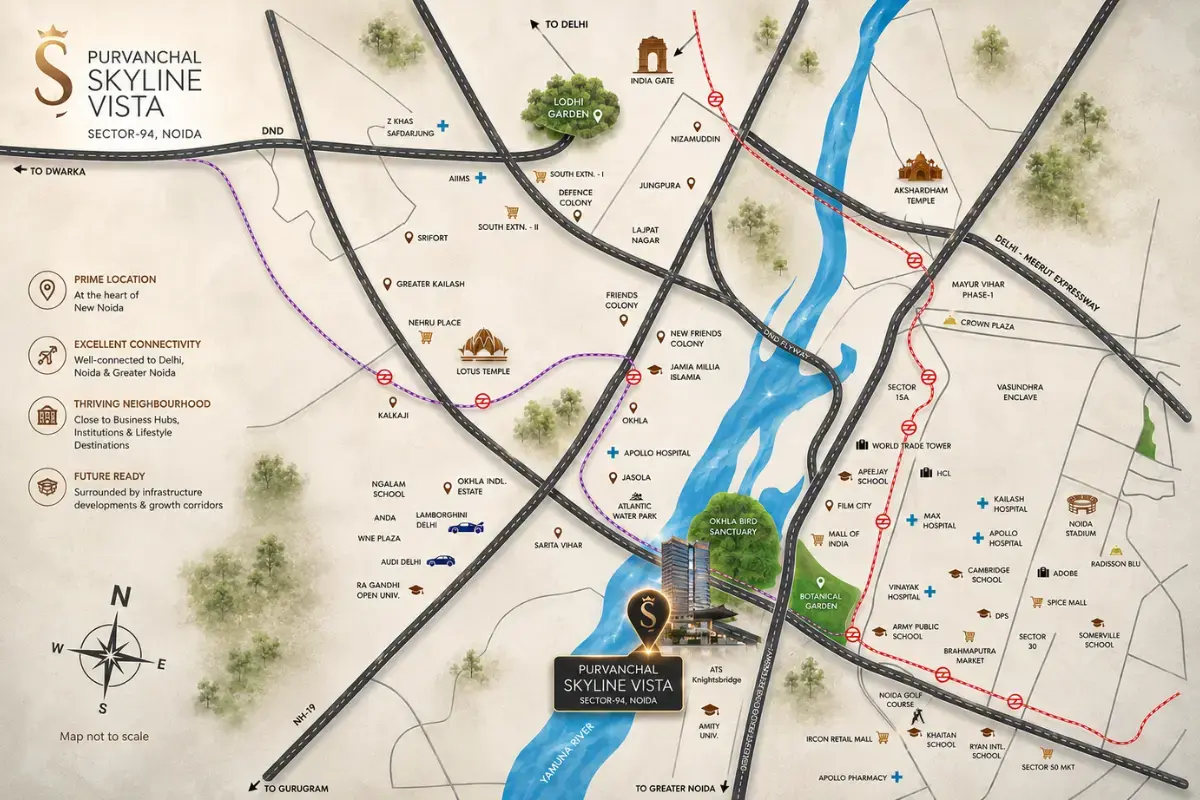 Purvanchal Skyline Vista location map in Sector 94 Noida near DND Flyway and Noida Expressway